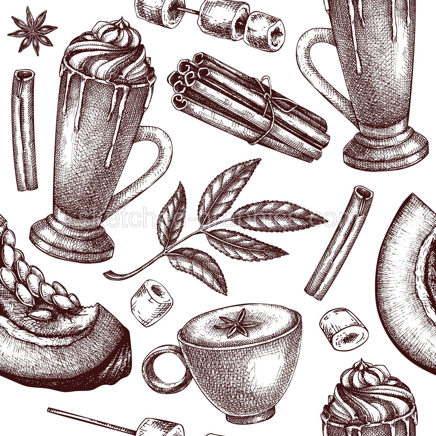 Morning coffee background. Sketched drink illustration. Pumpkin latte seamless pattern. Coffee with milk and spices sketch. Hot drink drawing isolated on white. Pumpkin latte backdrop Illustration